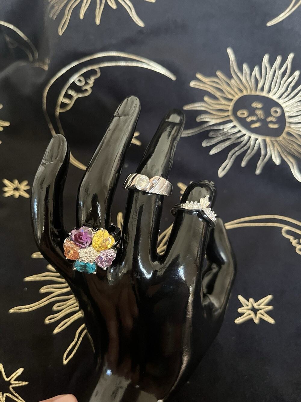 Vintage-Modern Silver Costume Jewelry Rings Colorful Flower Rhinestones Lot Of 3